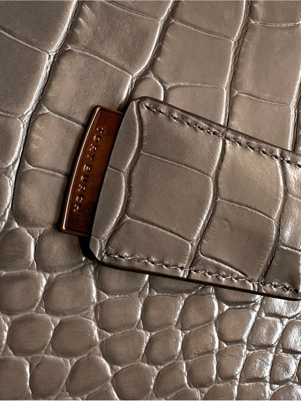 Tory Burch Gray Croc-Embossed Satchel with Gold Logo, missing long strap
